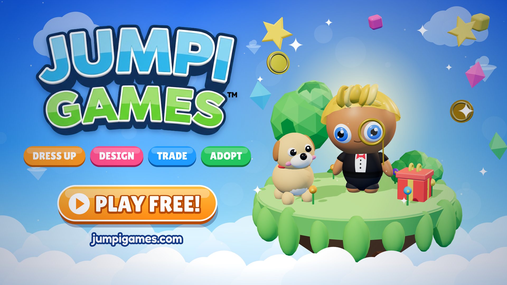 JumpiGames key art: the game logo, Dress Up, Design, Trade and Adopt buttons, and the main character with a puppy on a floating island