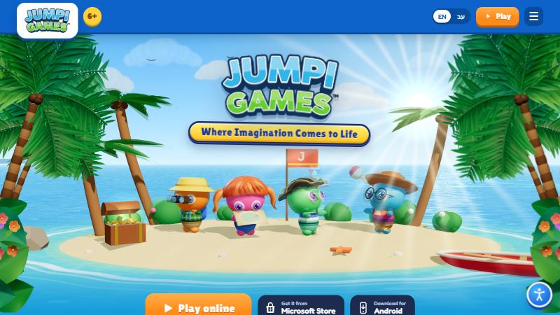 JumpiGames home page: the Jumpi characters on a tropical beach under the Jumpi Games logo