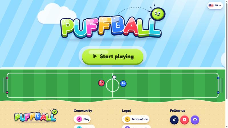 Puffball home page: the colourful Puffball logo, a Start playing button and a pitch with a red and a blue bubble player